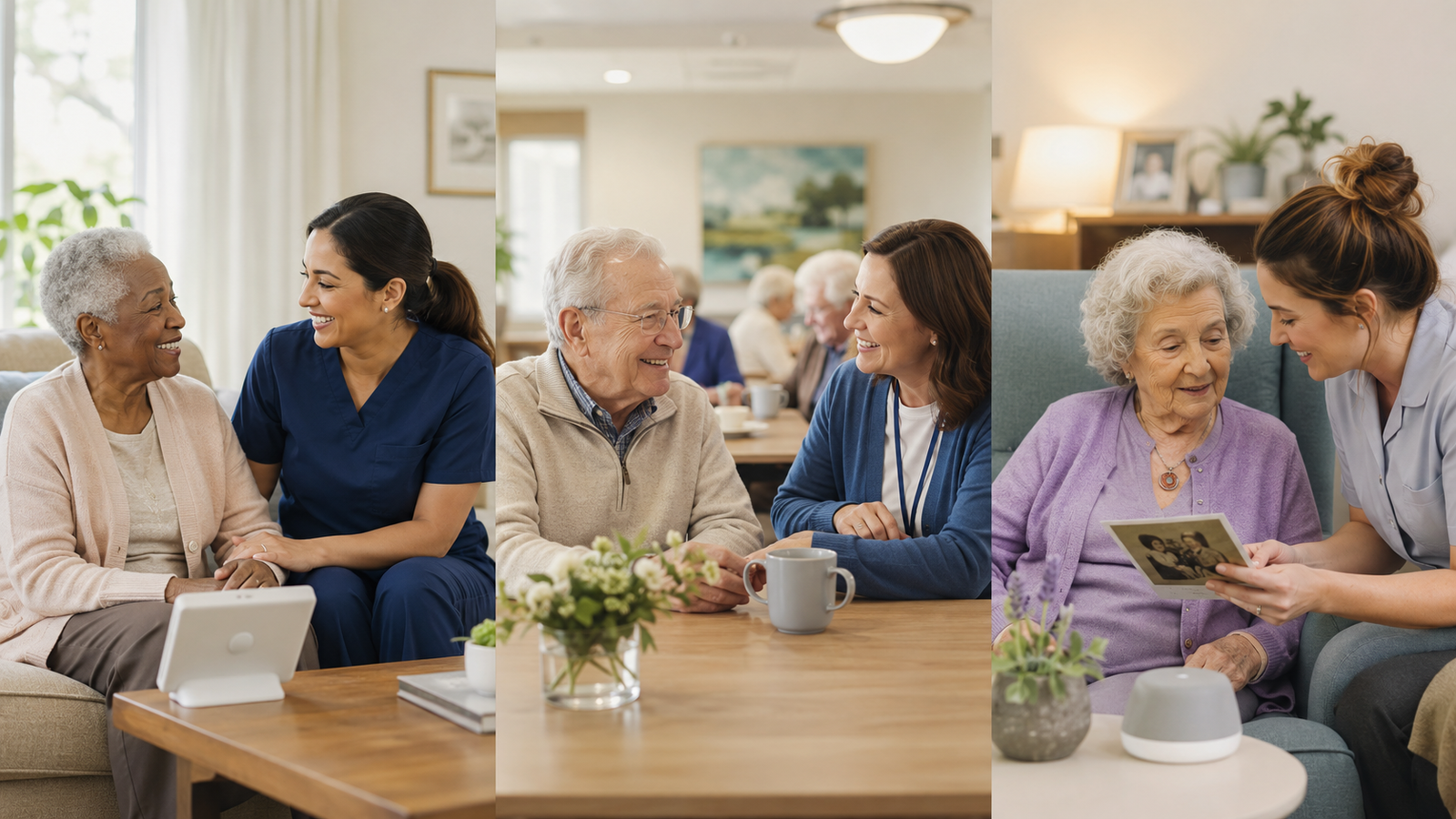 Older adults receiving engagement support in home care, senior living, and memory care