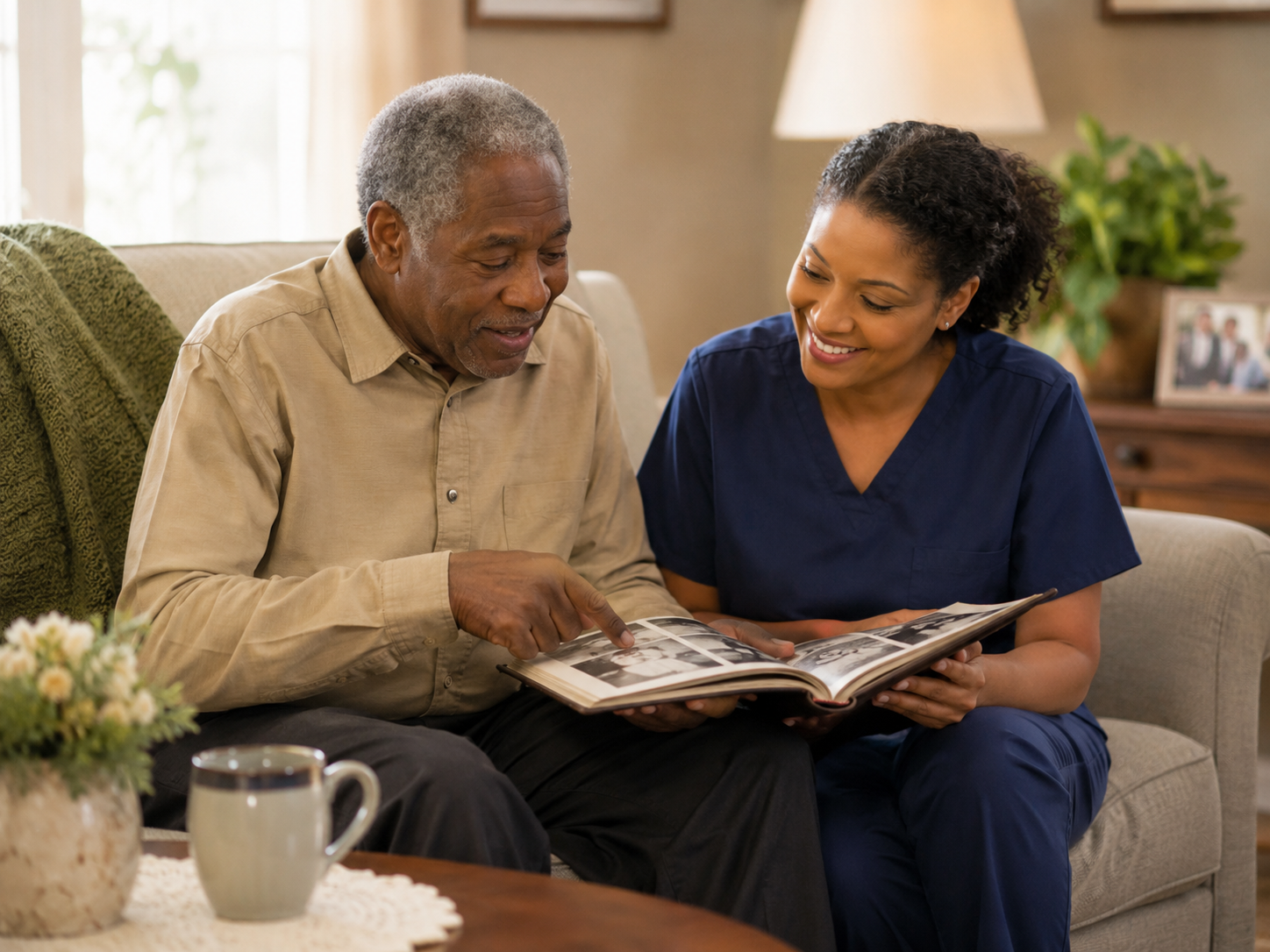 Black older adult viewing family photos on a smart display with a Black staff member