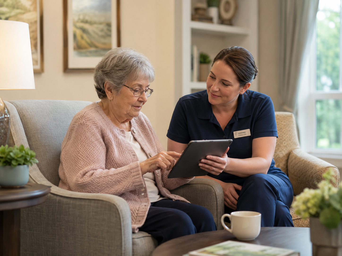 Senior living resident receiving individual engagement support from a caregiver